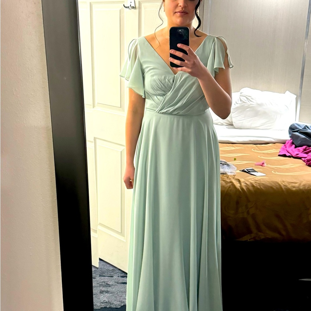 Beautiful sage green bride’s maid’s dress.